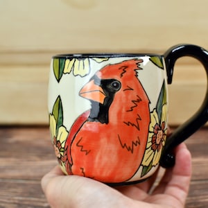 Cardinal Bird Handmade Pottery Mug Gift, Ceramic Coffee Cup, Stoneware Hand Painted Hand Drawn, Microwave Safe, Ready to Ship