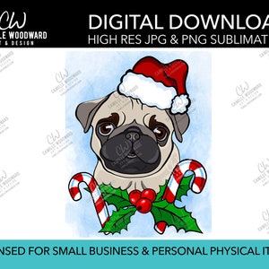 Pug Dog Christmas Candy Cane Holly, JPG, PNG - Sublimation Digital Download