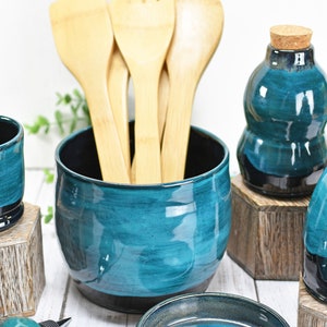Ceramic Utensil Holder Crock for Kitchen Countertop, Pottery Organizer in Black and Turquoise Blue, Wine Whiskey Cups Housewarming Gift