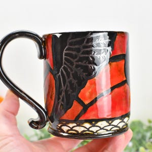 Raven Bird Mug Handmade Pottery Nature Lover Gift, Ceramic Coffee Cup, Stoneware Hand Painted in Red & Black Gothic Decor, Ready to Ship