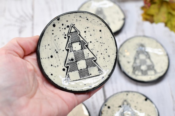 Christmas Tree Truck Ceramic Small Spoon Rest, Buffalo Plaid Xmas Jewelry Trinket Dish, Handmade Pottery Black, White, Blue, Green, Gray