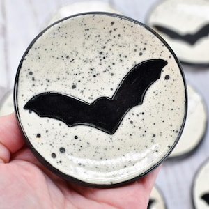 Bat Small Ceramic Coffee Spoon Rest, Handmade Stoneware Pottery Trinket Jewelry Dish, Halloween Black, White, Turquoise, Gray Gothic Decor