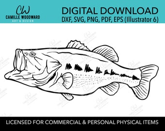 Black Bass Fish SVG Black and White Clip Art - Digital Download