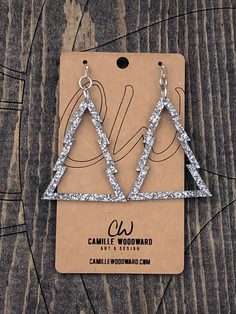 Christmas Tree Silver Sparkle Earrings Acrylic