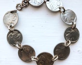 Buffalo Nickel Chain Bracelet Mens, Womens, All Sizes, Brass or Sterling Silver Links Made in USA