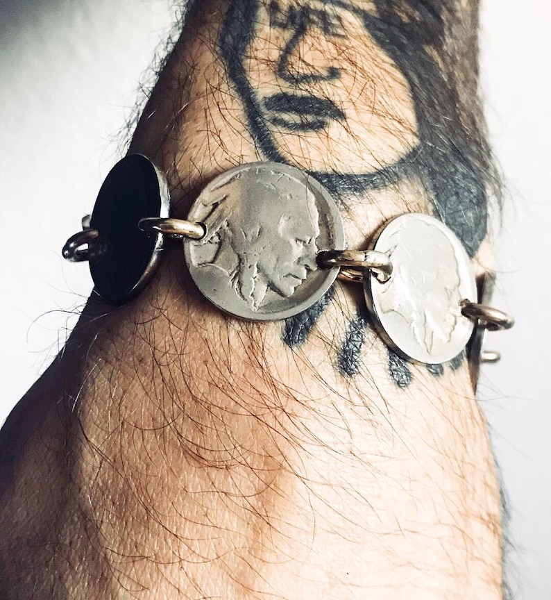 Womens Mens Brass or Sterling Silver Links All Sizes Buffalo Nickel Chain Bracelet Made in USA