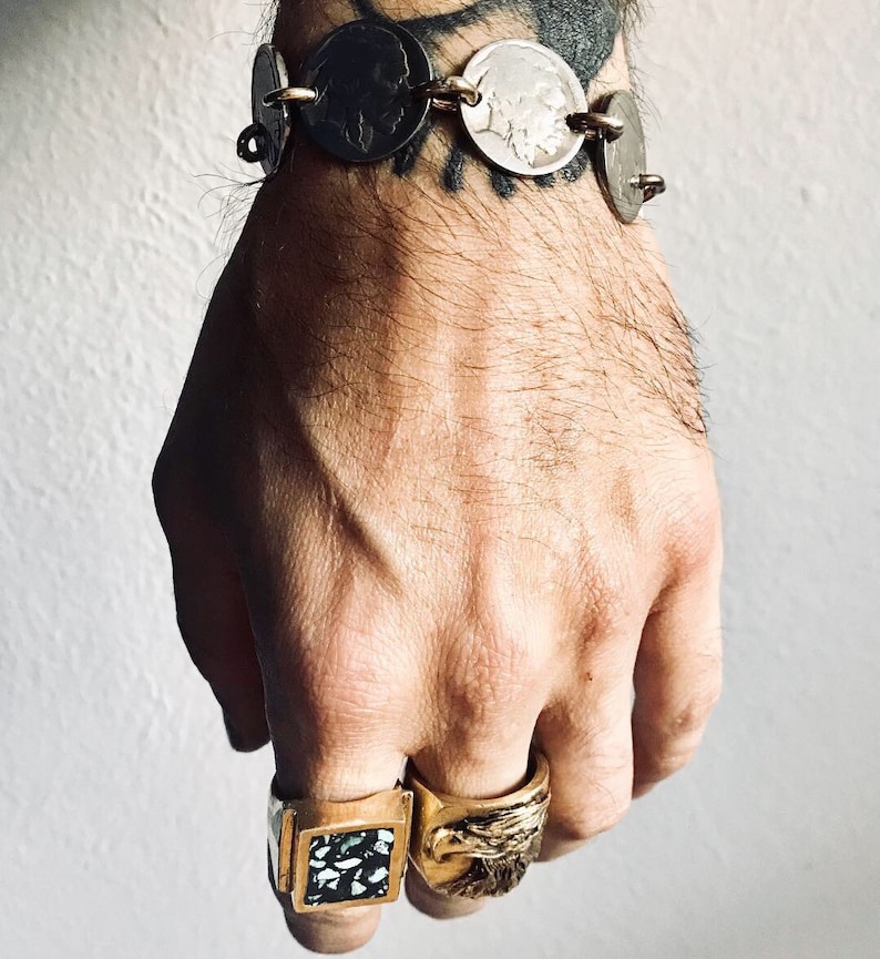 Womens Mens Brass or Sterling Silver Links All Sizes Buffalo Nickel Chain Bracelet Made in USA