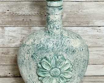 Green & Cream Floral Upcycled Decorative Bottle