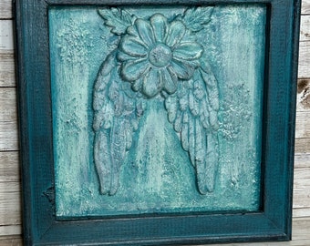 Turquoise Flower & Wings Mixed Media Wall Art