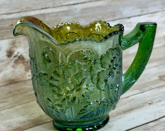 Vintage Imperial Pansy Green Carnival Glass Creamer