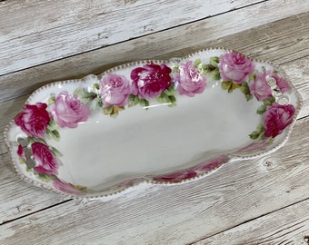 Vintage Pink and Red Rose Porcelain Tray