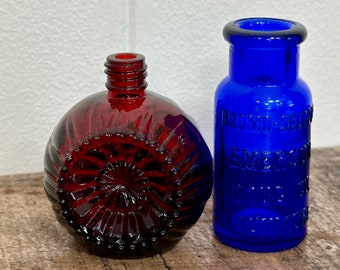 Vintage Small Blue & Red Glass Bottle Set