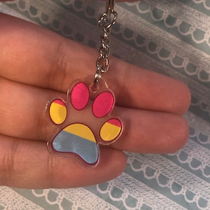 May include: A clear acrylic keychain shaped like a paw print with the colors of the pansexual pride flag: pink, yellow, and blue.