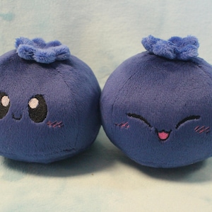May include: Two plush blueberry toys with embroidered faces. One blueberry has a happy expression with closed eyes, while the other has a winking expression with a smile.