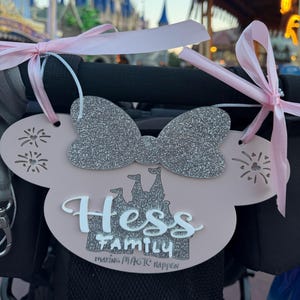 Magical mouse with or without bow and castle stroller tag double thick acrylic | personalized family name vacation stroller sign mouse ears
