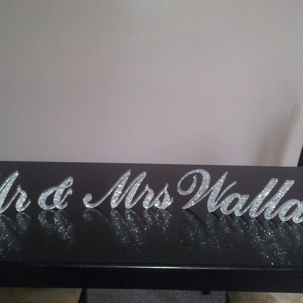 Swarovski Crystal "Mr & Mrs PLUS up to FOUR LETTERS last name 4" standing wedding sign, bling name sign, rhinestone sweetheart table sign