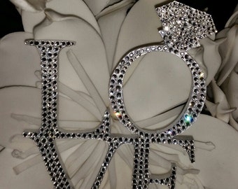 Gorgeous Swarovski Crystal "LOVE" with diamond ring engament cake topper 6'', Rhinestone wedding cake topper