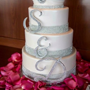 May include: A four-tier wedding cake decorated with sparkling silver ribbon and rhinestone letters spelling "S & D". The cake is displayed on a table covered in pink rose petals.