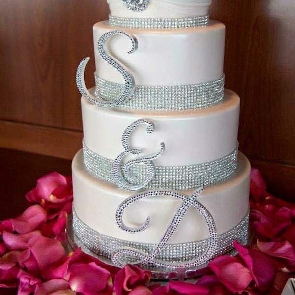 Gorgeous custom Swarovski Crystal monogram wedding Cake toppers two 5'' initials and a 3" ampersand, Rhinestone toppers, bling initals