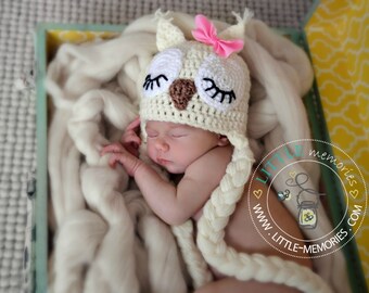 Sleepy Owl Crochet Newborn Baby Handmade Hat photo prop