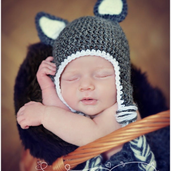 Crochet Wolf Beanie/ Hat Newborn Baby Photo prop