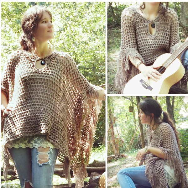 Crochet PATTERN: Freewheelin' Poncho / Keyhole Collar Poncho Fringed / Easy Crochet Pattern / Instant Download PDF