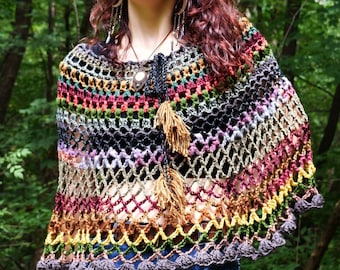 Crochet Poncho Pattern: Boho Fringe, Hippie Retro Style (PDF Download)