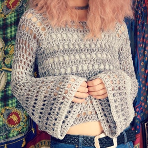 Crochet PATTERN: Window Box Sweater / Bell Sleeve Crop Top Pattern/ Flare Sleeve Cropped Sweater / Hippie Boho Rock - Instant Download PDF