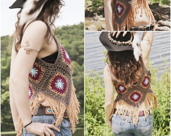 Crochet PATTERN: Blossom Vest / Retro Crochet Granny Square Vest / Hippie Boho Fringe Vest in 4 sizes / Instant Download PDF File