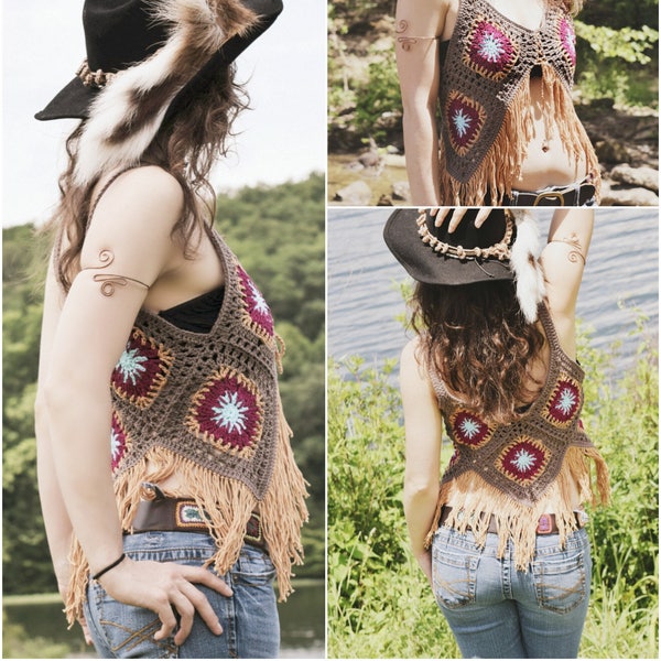 Crochet PATTERN: Blossom Vest / Retro Crochet Granny Square Vest / Hippie Boho Fringe Vest in 4 sizes / Instant Download PDF File