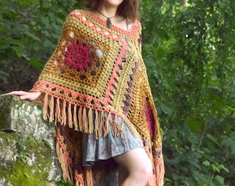 Crochet Kismet Poncho PATTERN: Bohemian Floral Square, Retro 60s 70s (PDF Download with Video Tutorial)