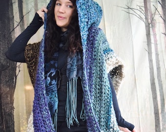 Crochet PATTERN: Woodsman&#39;s Wife Ruana / Pixie Hooded Pocket Shawl/ Oversize Easy Bulky Wrap / Fast Easy Crochet - Instant Download PDF