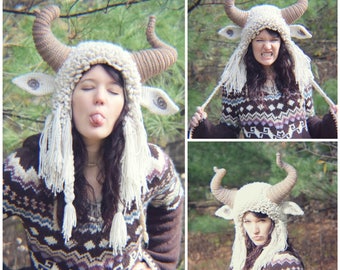 Crochet PATTERN: Krampus Hat / Ram Hat / Goat Hat / Wild Thing Hat / Yeti Hat / Fuzzy Crazy Earflap Hat with Horns Costume Crochet Pattern