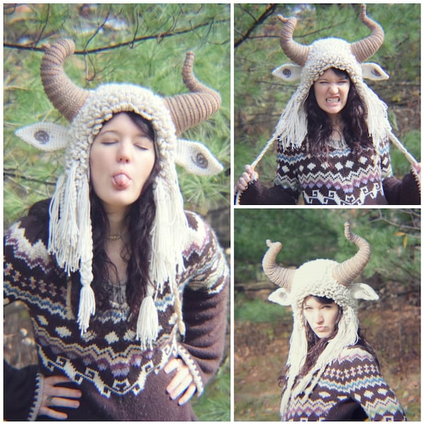 Crochet PATTERN: Krampus Hat / Ram Hat / Goat Hat / Wild Thing Hat / Yeti Hat / Fuzzy Crazy Earflap Hat with Horns Costume Crochet Pattern