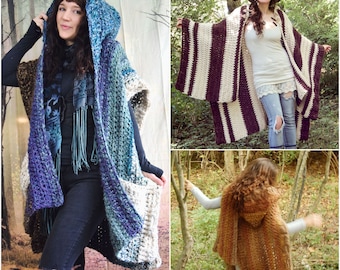 Crochet PATTERN: Woodsman's Wife Ruana / Pixie Hooded Pocket Shawl/ Oversize Easy Bulky Wrap / Fast Easy Crochet - Instant Download PDF