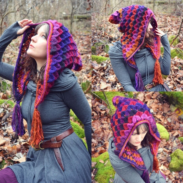 Crochet PATTERN: Quetzal Hood / Crocodile Stitch Hood / Fully Scaled Dragon Hood / Medieval Fantasy Hood - PDF Pattern Download