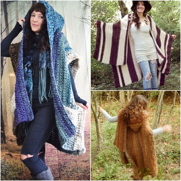 Crochet PATTERN: Woodsman's Wife Ruana / Pixie Hooded Pocket Shawl / Oversize Easy Bulky Wrap / Fast Easy Crochet - Instant Download PDF