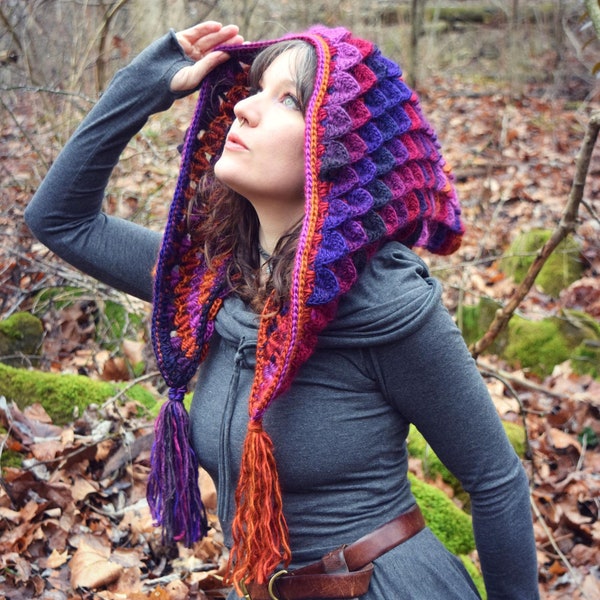 Crochet PATTERN: Quetzal Hood / Crocodile Stitch Hood / Fully Scaled Dragon Hood / Medieval Fantasy Hood - PDF Pattern Download