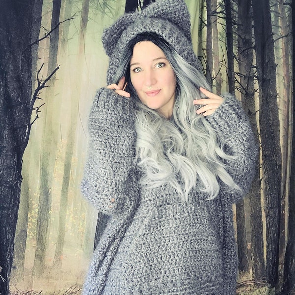 PADRÃO de suéter Batty Kitty de crochê: moletom com capuz grande com orelhas de gato (padrão em PDF)