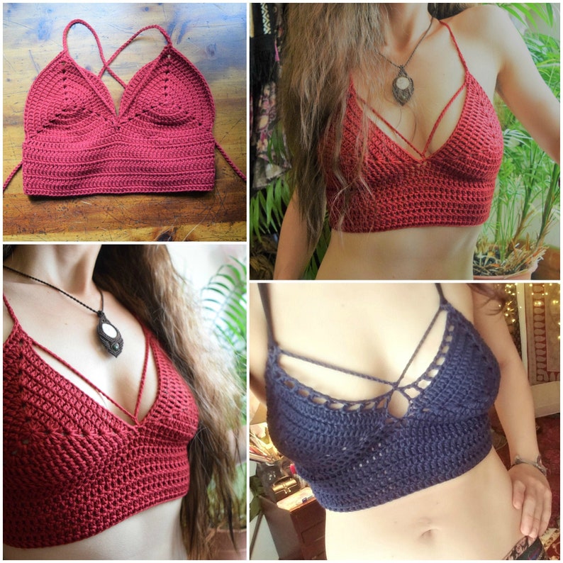 May include: A close-up of three crocheted tops. The tops are red and blue and have a criss-cross design in the front. The tops are made with a fine yarn and have a delicate, feminine look.