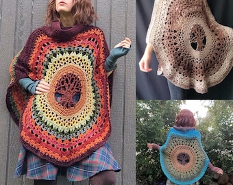 PATRÓN de Ganchillo: Poncho Yggdrasil / Poncho Árbol de la Vida / Poncho Circular Mandala / Poncho Cuello Capucha - Descarga Instantánea PDF