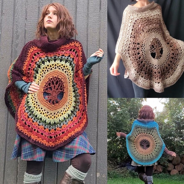 PATRÓN de Ganchillo: Poncho Yggdrasil / Poncho Árbol de la Vida / Poncho Circular Mandala / Poncho Cuello Capucha - Descarga Instantánea PDF