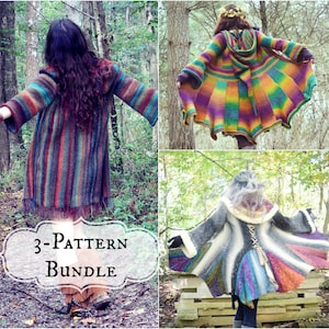 Crochet PATTERN Bundle: Shaman Coat, Priestess Coat, Elf Coat / Hooded Tunisian Crochet Coat Pattern / Hood Pixie Elf Fairy Magical Crochet