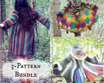 Crochet PATTERN Bundle: Shaman Coat, Priestess Coat, Elf Coat / Hooded Tunisian Crochet Coat Pattern / Hood Pixie Elf Fairy Magical Crochet