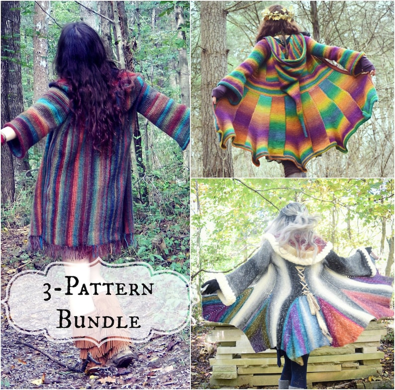 Crochet PATTERN Bundle: Shaman Coat, Priestess Coat, Elf Coat / Hooded Tunisian Crochet Coat Pattern / Hood Pixie Elf Fairy Magical Crochet image 1