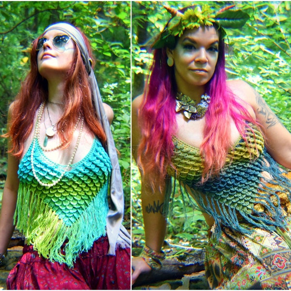 Crochet PATTERN: Feather & Scale Halter Top / Crocodile Stitch Halter Top / Bikini Top / Festival Fantasy Costume Croc Stitch Pattern