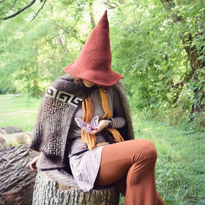 May include: A person wearing a brown pointed hat with a geometric patterned shawl and brown pants is sitting on a tree stump holding a butterfly.