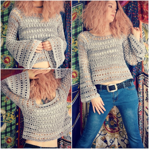 Crochet PATTERN: Window Box Sweater / Bell Sleeve Crop Top Pattern/ Flare Sleeve Cropped Sweater / Hippie Boho Rock - Instant Download PDF