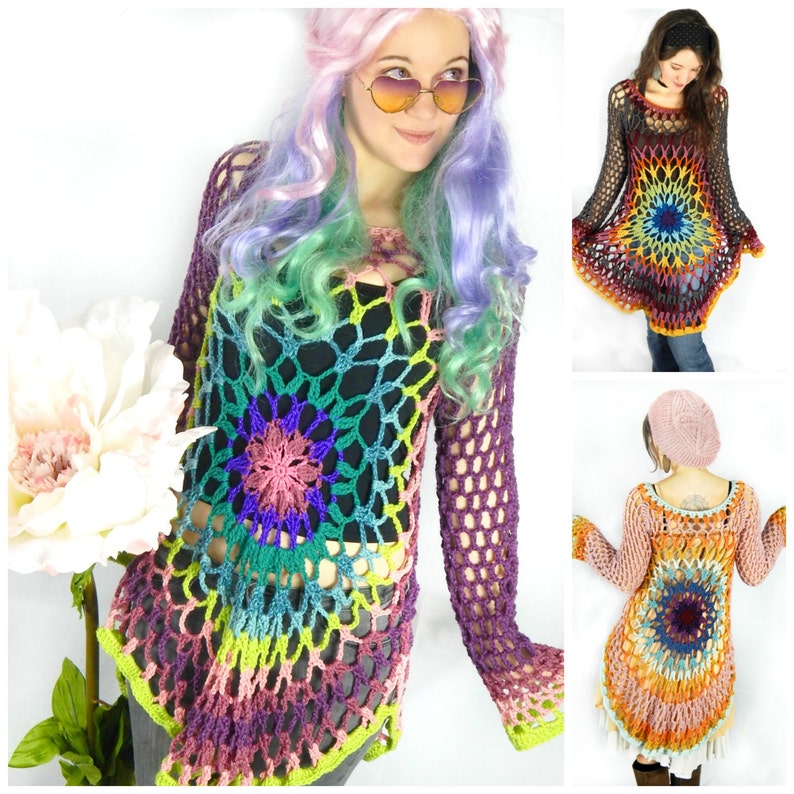 Crochet PATTERN: Pull Flower Child / Floral Mandala Sweater Dress / Hippie Retro Boho Festival Wear Téléchargement instantané du fichier PDF image 1