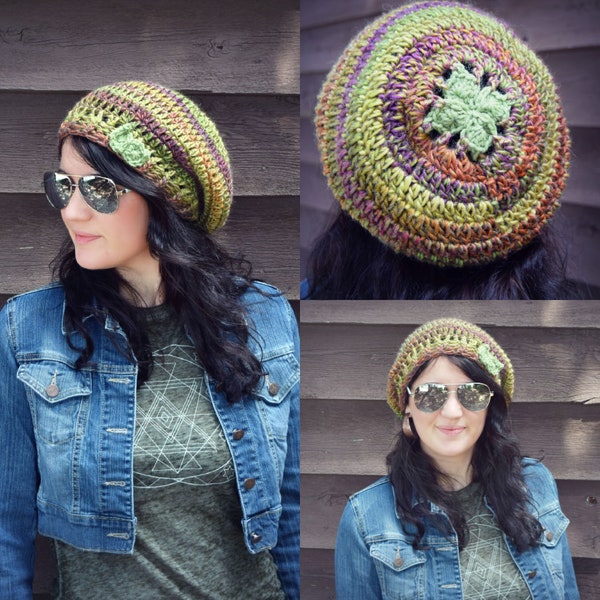 Crochet PATTERN: Leafy Tam Hat / Cute Easy Hat Pattern / Casual Earthy Leaf Accent Hat / Worsted Weight Yarn / Instant Download PDF